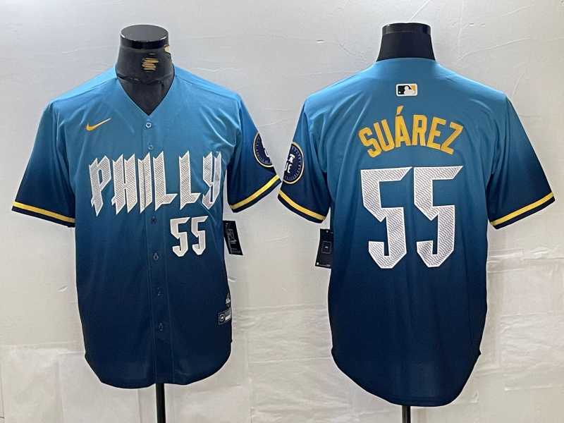 Mens Philadelphia Phillies #55 Ranger Suarez Blue 2024 City Player Number Cool Base Jersey